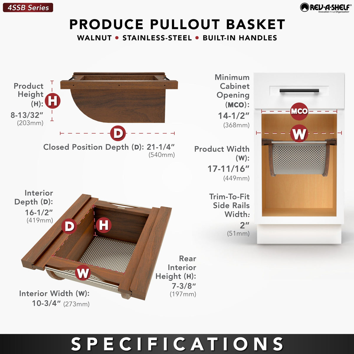 Rev-A-Shelf Wood/Stainless-Steel Produce Pullout Baskets, walnut