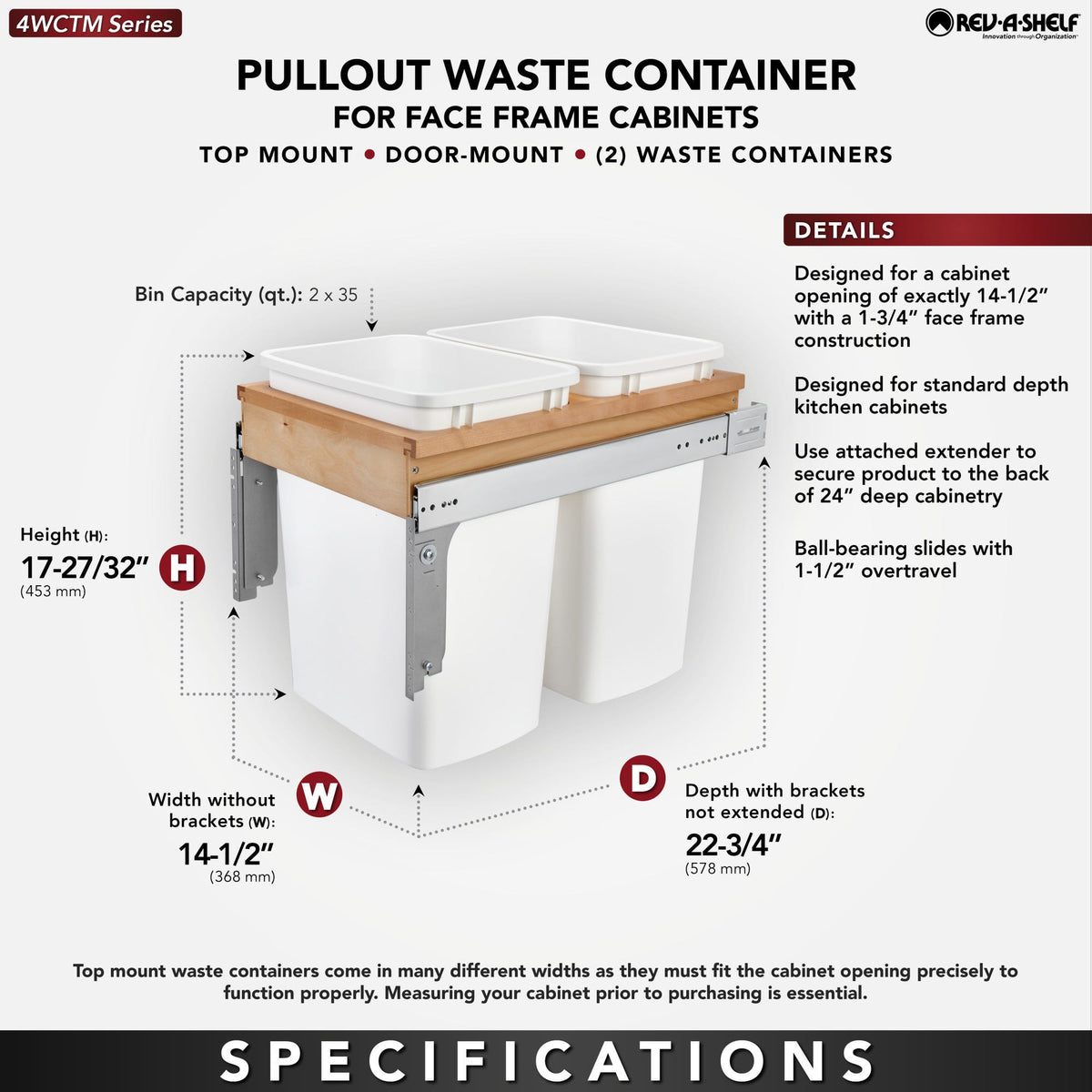 Rev-A-Shelf Wood Top Mount Waste Container, White, 1-3/4"
