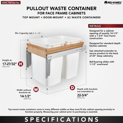 Rev-A-Shelf Wood Top Mount Waste Container, White, 1-3/4"