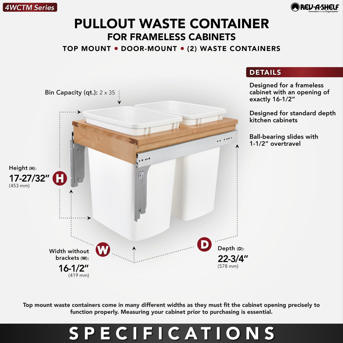 Rev-A-Shelf Wood Top Mount Waste Container, White, 16.5"