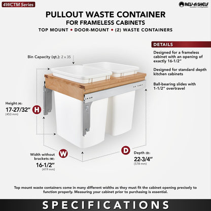 Rev-A-Shelf Wood Top Mount Waste Container, White, 16.5"