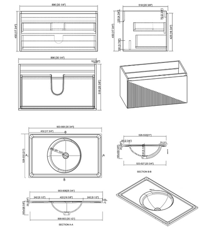 Simon 36" Wall Mounted Bathroom Vanity with Solid Surface Integrated Sink Top