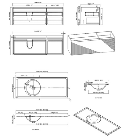 Simon 54" Wall Mounted Bathroom Vanity with Solid Surface Integrated Sink Top
