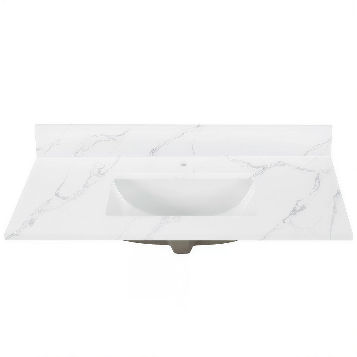 Calacatta Rocky quartz vanity top with single undermount sink and backsplash, white with soft grey veining