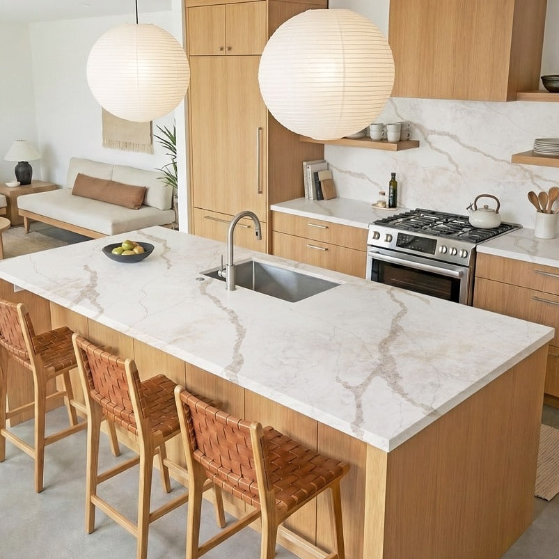 Amalfi d'Oro silica free quartz countertop by Stratus Surfaces in a kitchen