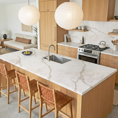 Amalfi d'Oro silica free quartz countertop by Stratus Surfaces in a kitchen