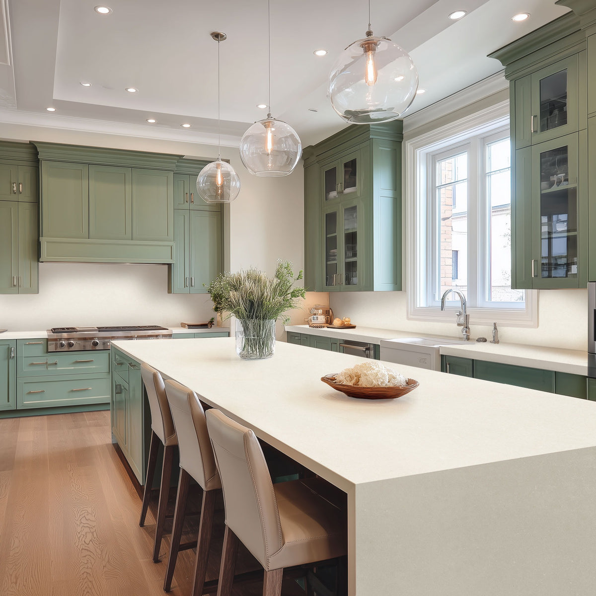 Blanc Cemento Matte silica free quartz countertop by Stratus Surfaces in a kitchen