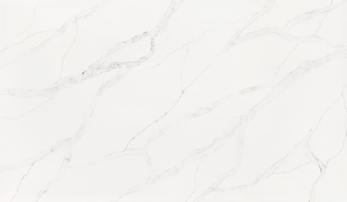 Calacatta Altissimo silica free quartz slab by Stratus Surfaces, white with gray veining, polished finish