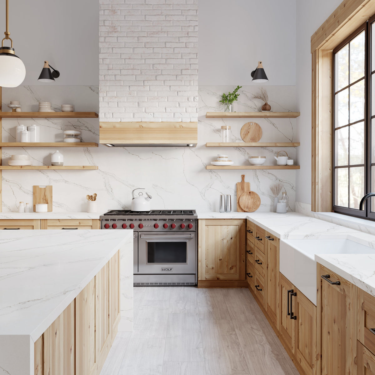 Calacatta Altissimo silica free quartz countertop by Stratus Surfaces in a finished room