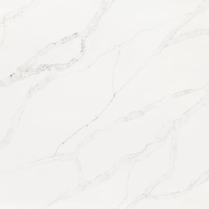 Calacatta Altissimo silica free quartz slab by Stratus Surfaces, square close up of the stone pattern