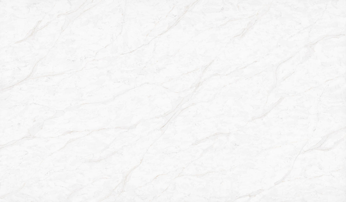 Calacatta Amora silica free quartz slab by Stratus Surfaces, white with taupe and gold veining, polished finish