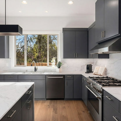 Calacatta Amora silica free quartz countertop by Stratus Surfaces in a kitchen