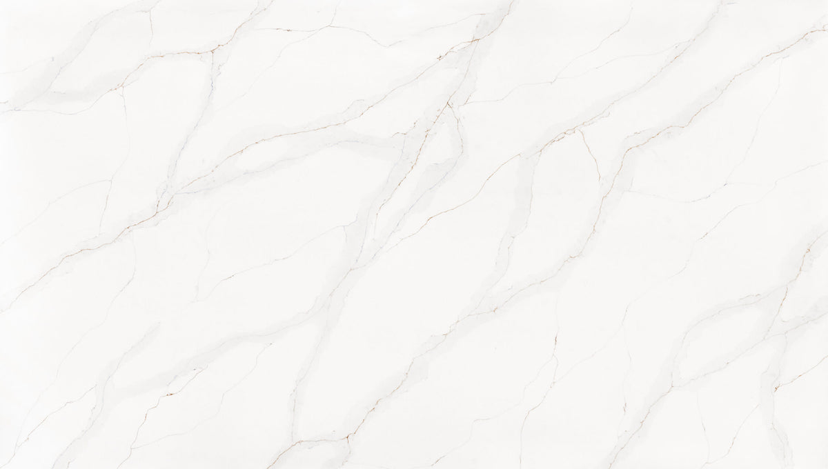 Calacatta Athena silica free quartz slab by Stratus Surfaces, white with gray and taupe veining, polished finish