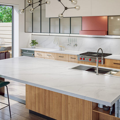 Calacatta Athena silica free quartz countertop by Stratus Surfaces in a finished room