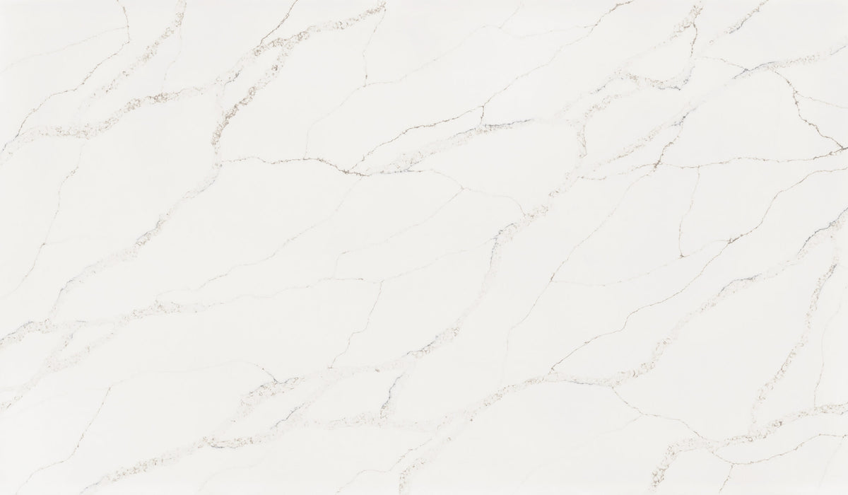 Calacatta Lumiere silica free quartz slab by Stratus Surfaces, white with gray and taupe veining, polished finish