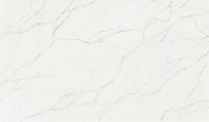 Calacatta Lumiere silica free quartz slab by Stratus Surfaces, white with gray and taupe veining, polished finish