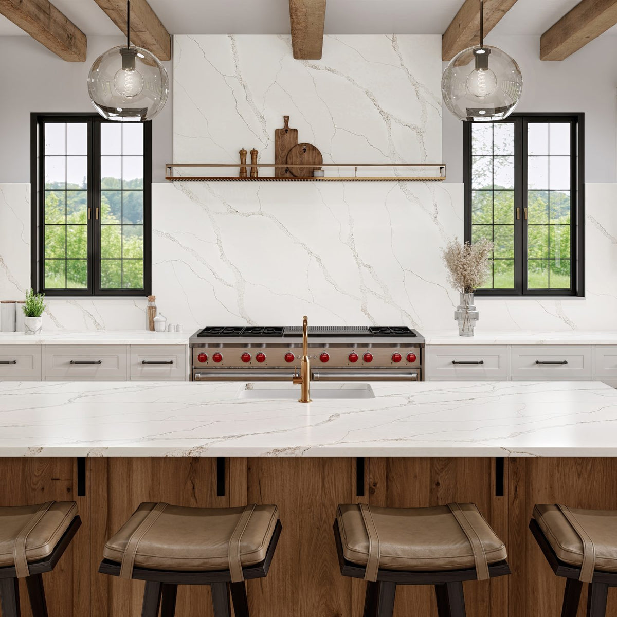 Calacatta Lumiere silica free quartz countertop by Stratus Surfaces in a kitchen