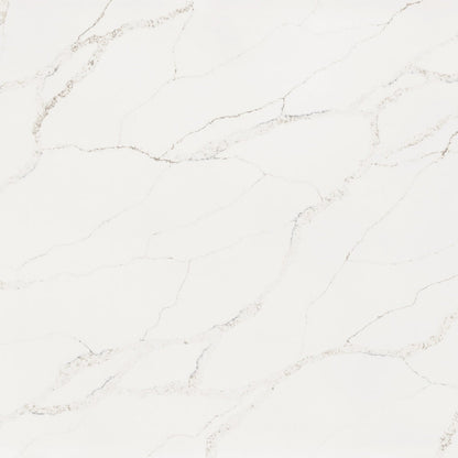 Calacatta Lumiere silica free quartz slab by Stratus Surfaces, square close up of the stone pattern