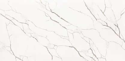 Calacatta Super Bella silica free quartz slab by Stratus Surfaces, white with brown, gold and gray veining, polished finish