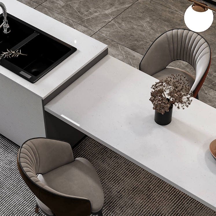 Classic Carrara silica free quartz countertop by Stratus Surfaces in a finished room