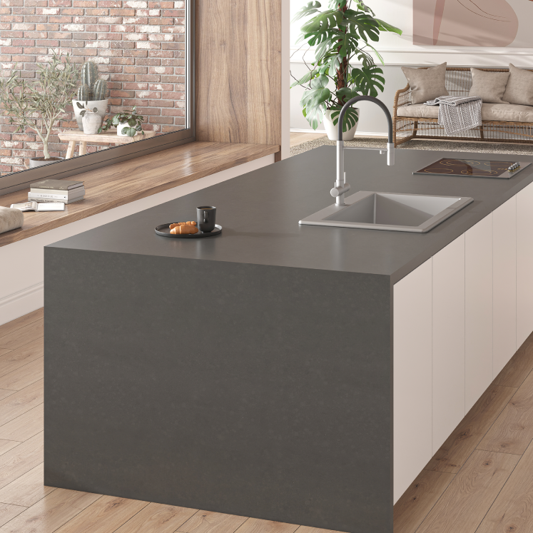 Cosmic Gray silica free quartz countertop by Stratus Surfaces in a finished room