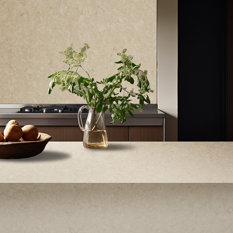 Crema Monaco Matte silica free quartz countertop by Stratus Surfaces in a finished room