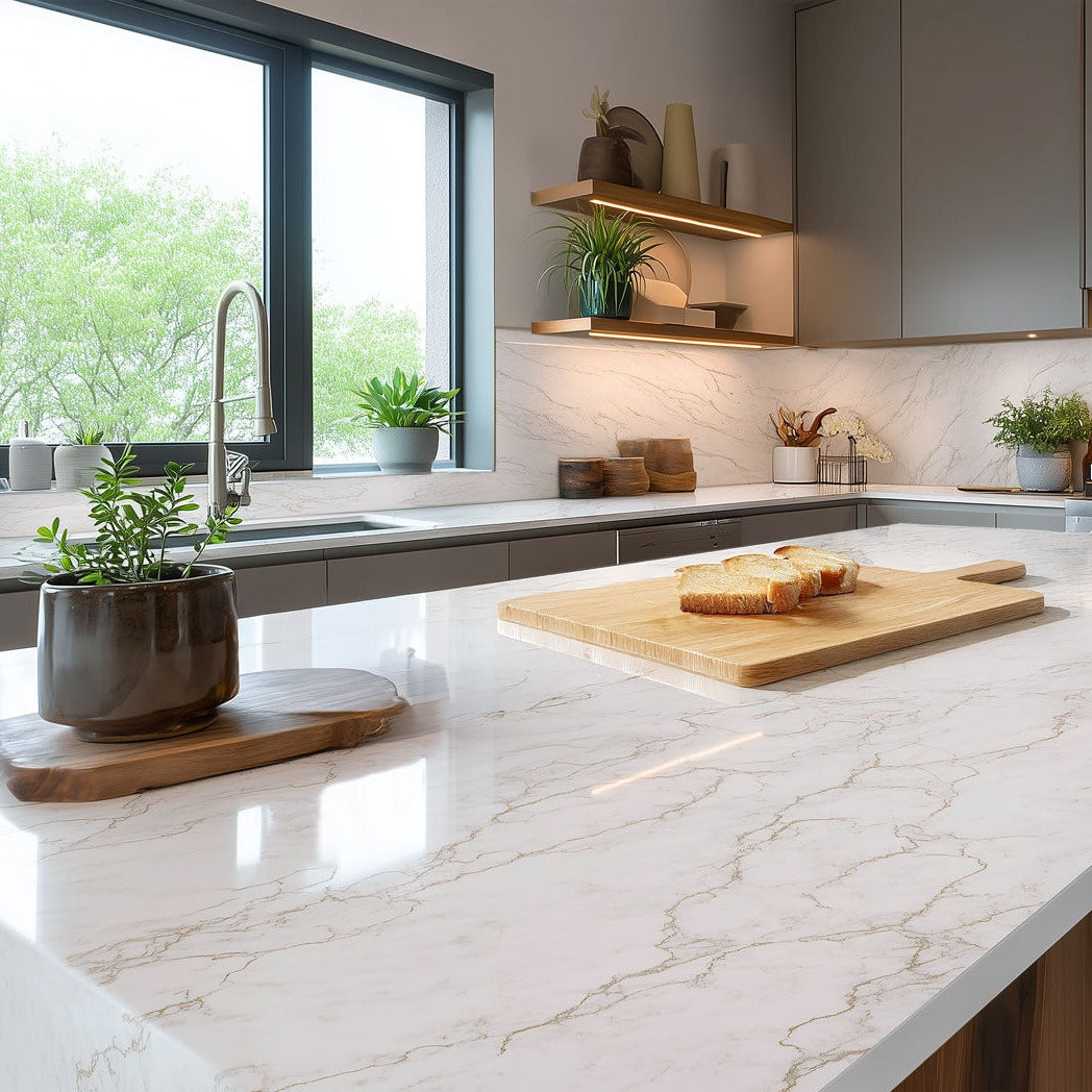 Delicato Luxe silica free quartz countertop by Stratus Surfaces in a kitchen
