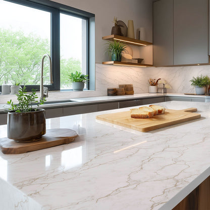Delicato Luxe silica free quartz countertop by Stratus Surfaces in a kitchen