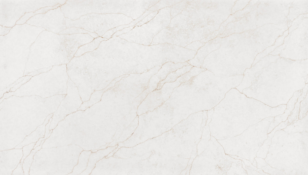 Ethereal silica free quartz slab by Stratus Surfaces, white with gray and taupe veining, polished finish