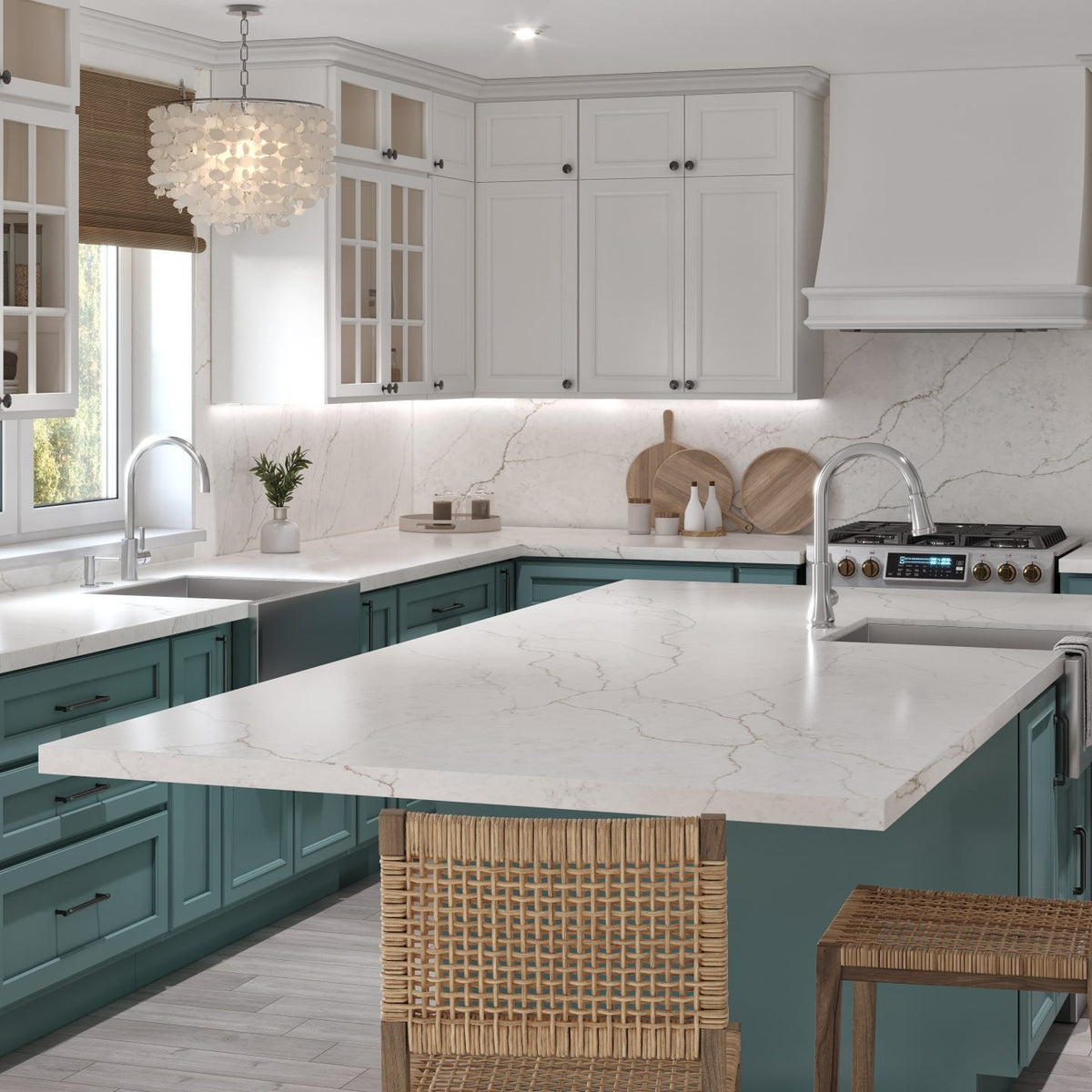Ethereal silica free quartz countertop by Stratus Surfaces in a kitchen