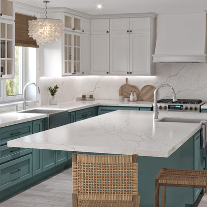 Ethereal silica free quartz countertop by Stratus Surfaces in a kitchen
