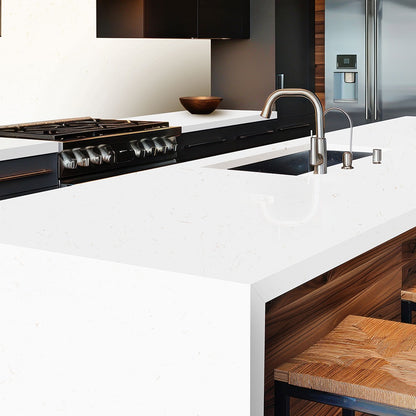 Gold Carrara silica free quartz countertop by Stratus Surfaces in a kitchen