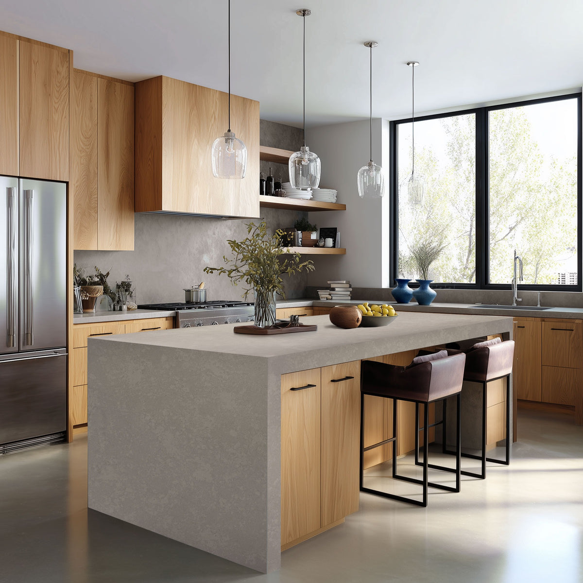 Kendall Concrete Honed silica free quartz countertop by Stratus Surfaces in a kitchen