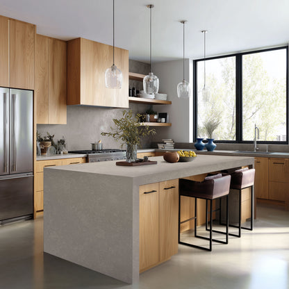 Kendall Concrete Honed silica free quartz countertop by Stratus Surfaces in a kitchen