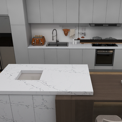 Lenox Grigio silica free quartz countertop by Stratus Surfaces in a finished room