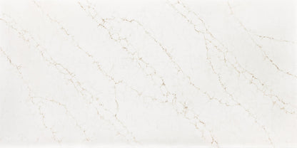 Lenox Oro silica free quartz slab by Stratus Surfaces, white with gold veining, polished finish