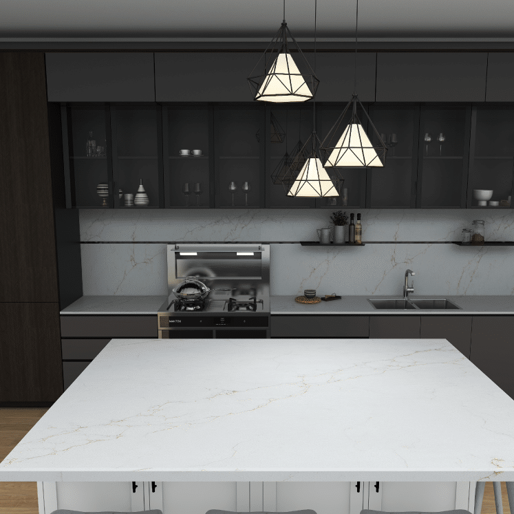 Lenox Oro silica free quartz countertop by Stratus Surfaces in a finished room