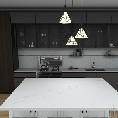 Lenox Oro silica free quartz countertop by Stratus Surfaces in a finished room