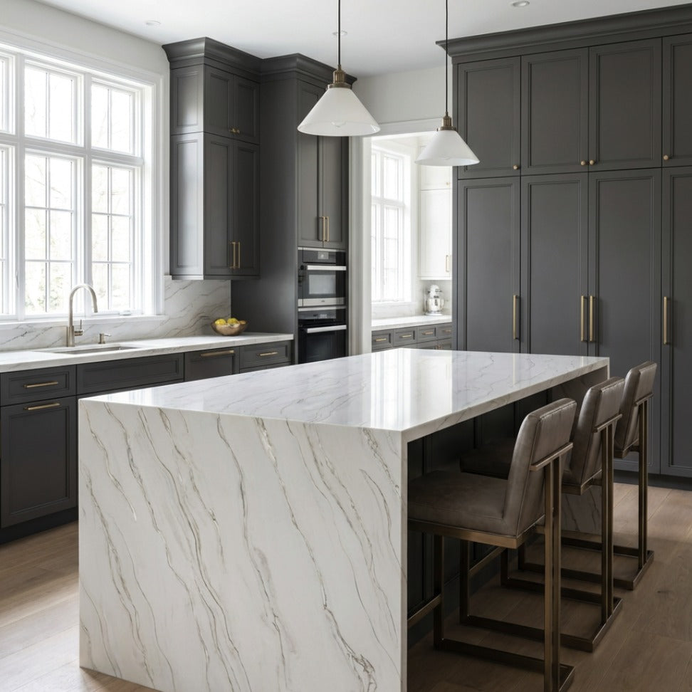 Lucia Macaubas silica free quartz countertop by Stratus Surfaces in a kitchen