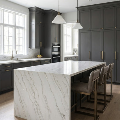 Lucia Macaubas silica free quartz countertop by Stratus Surfaces in a kitchen