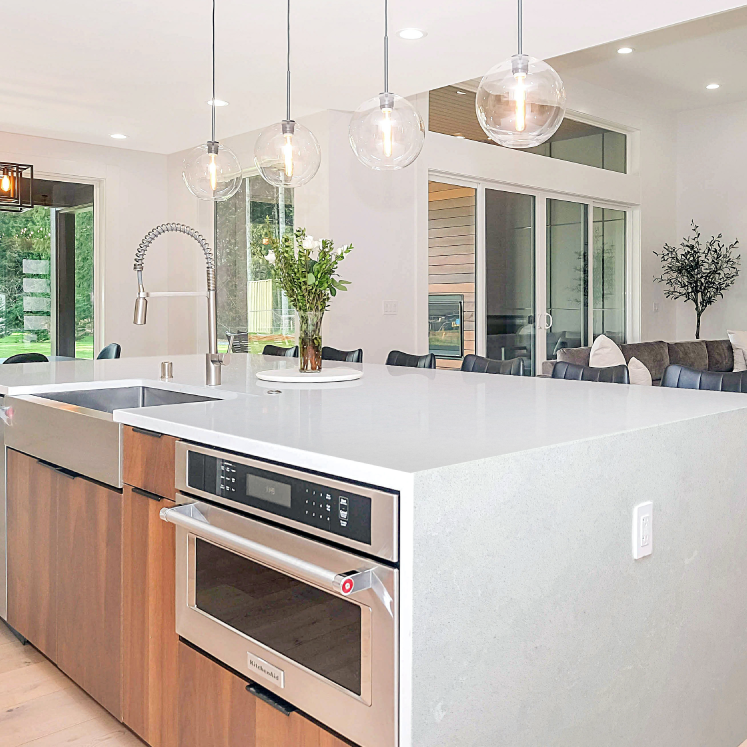 Luxury White silica free quartz countertop by Stratus Surfaces in a finished room