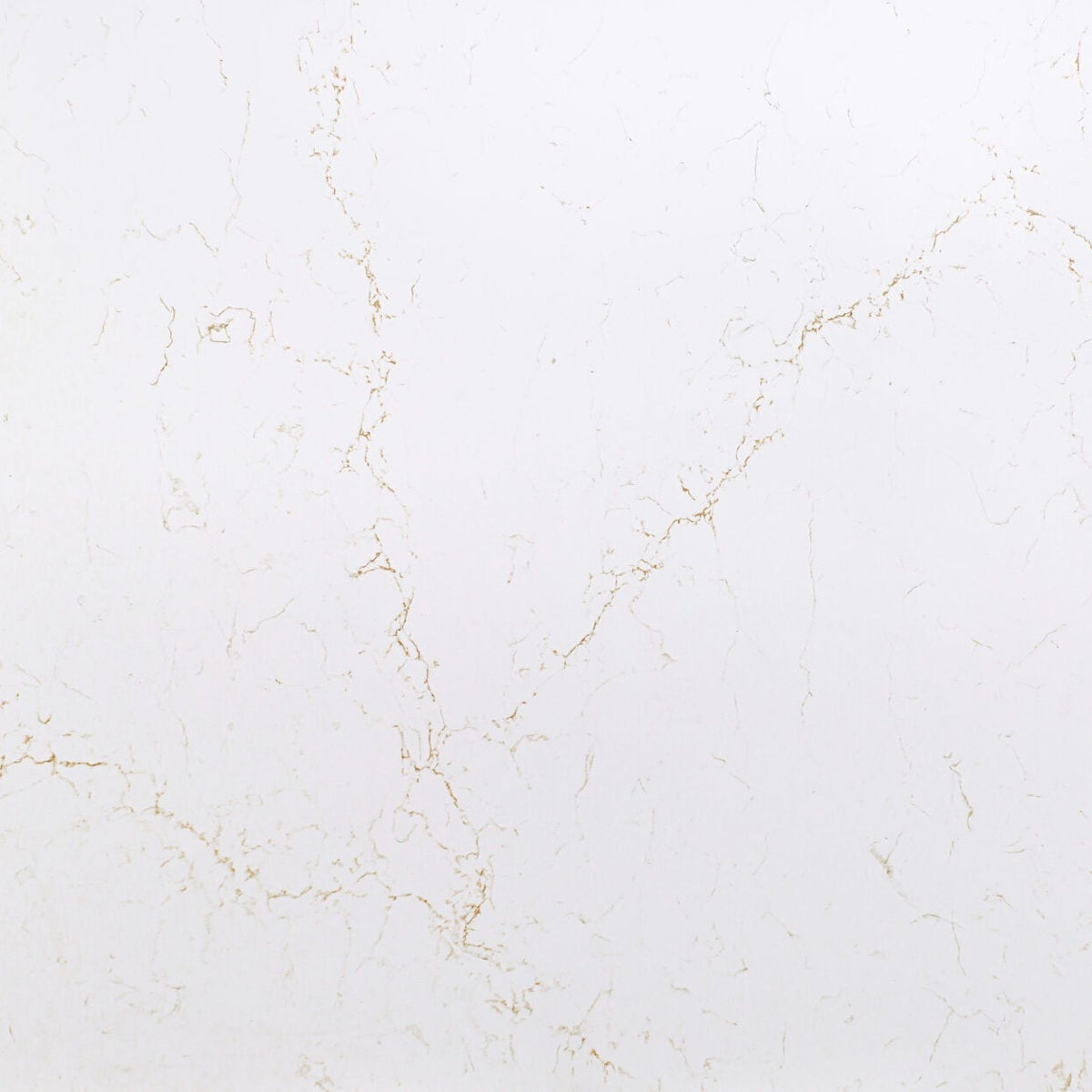 Magnifico Gold silica free quartz slab sample by Stratus Surfaces, white with gold veining, polished finish, close up