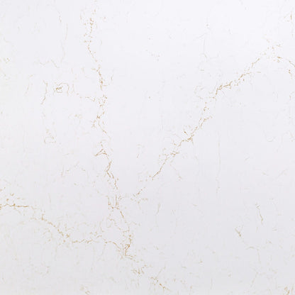 Magnifico Gold silica free quartz slab sample by Stratus Surfaces, white with gold veining, polished finish, close up