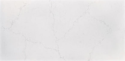 Magnifico silica free quartz slab by Stratus Surfaces, white with gray veining, polished finish