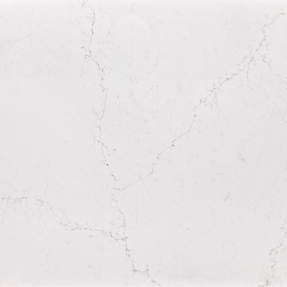 Magnifico silica free quartz slab sample by Stratus Surfaces, white with gray veining, polished finish, close up