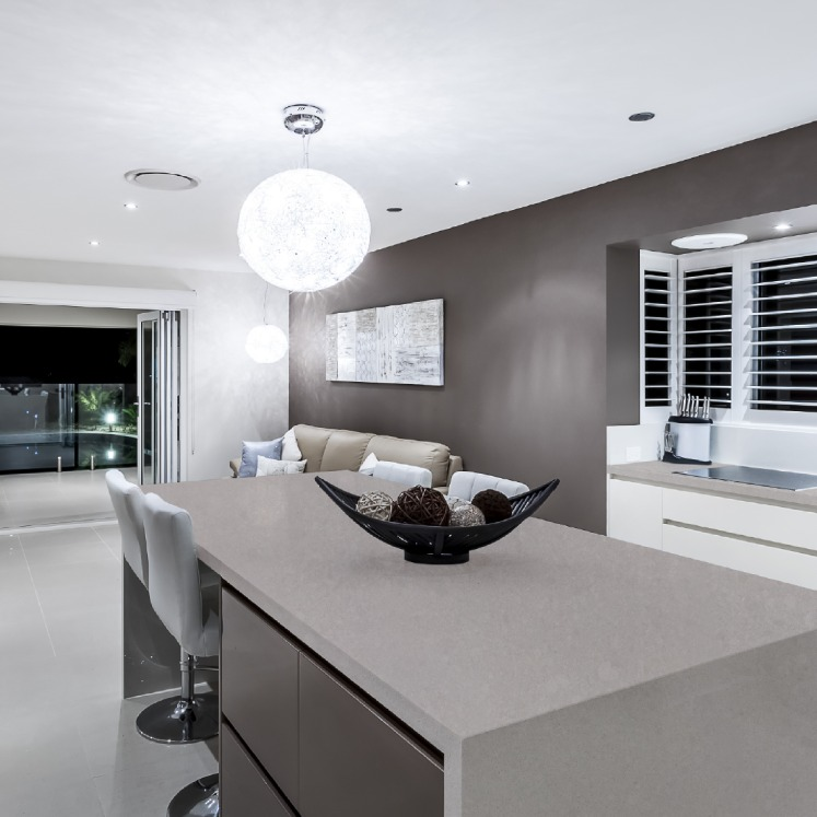 Nantucket silica free quartz countertop by Stratus Surfaces in a finished room
