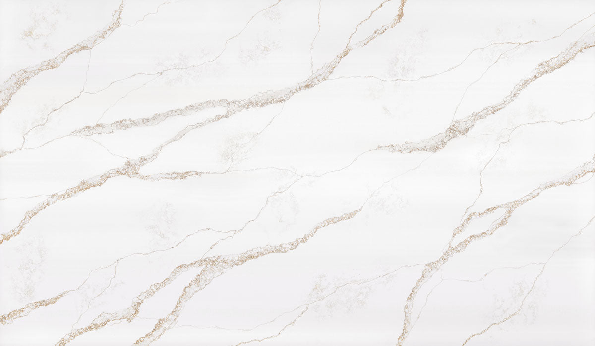 Nova Gold silica free quartz slab by Stratus Surfaces, white with gold and bronze veining, polished finish