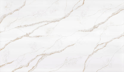 Nova Gold silica free quartz slab by Stratus Surfaces, white with gold and bronze veining, polished finish