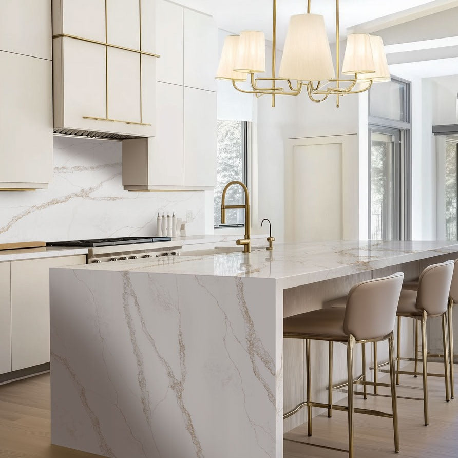 Nova Gold silica free quartz countertop by Stratus Surfaces in a finished kitchen