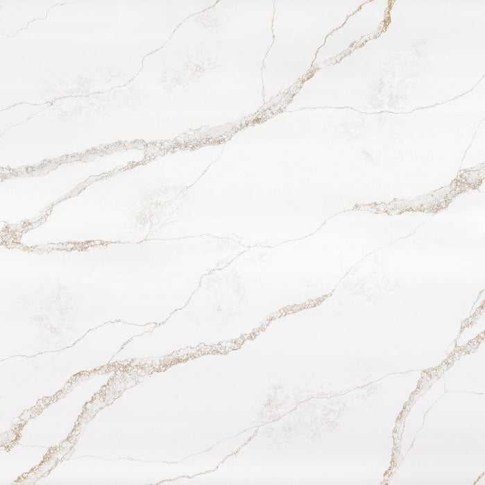 Nova Gold silica free quartz slab by Stratus Surfaces, white with gold and bronze veining, polished finish, close up